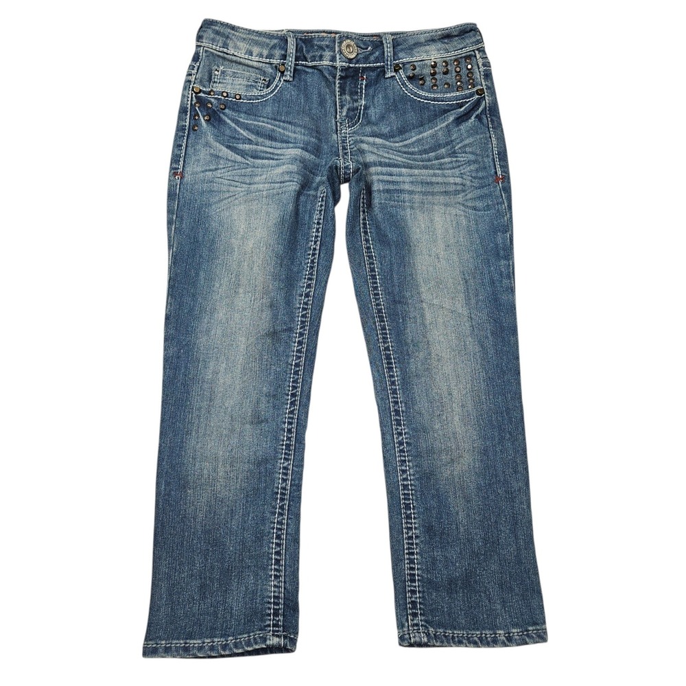 Hydraulic VTG Studded Capri Jeans Medium Wash Whiskered Denim Sz 3/4